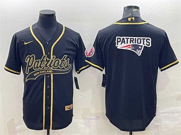 Men%27s New England Patriots Black Gold Team Big Logo With Patch Cool Base Stitched Baseball Jersey